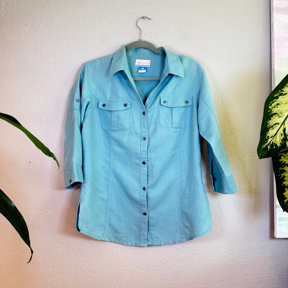 Columbia Linen Blend Light Blue Front Pocket Button Up Collared Utility Shirt L